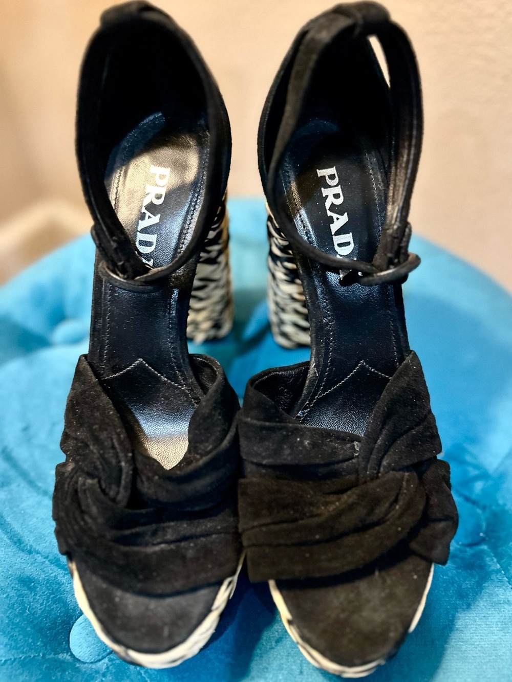 Prada Black Suede Knotted Platform Sandals with Raffia Patterned Block Heel